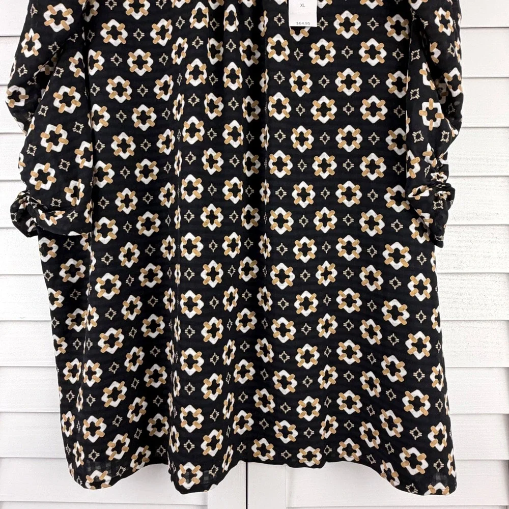 LOFT Blouse XL Black Geometric Ruffle Neck Puff Sleeve NEW
